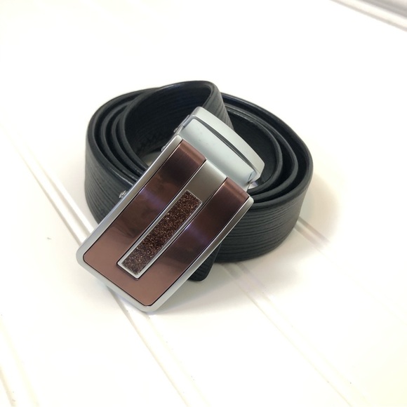 Mens Black 100% Leather Ratchet Dress Belt size 46 Minimalist - Picture 1 of 12